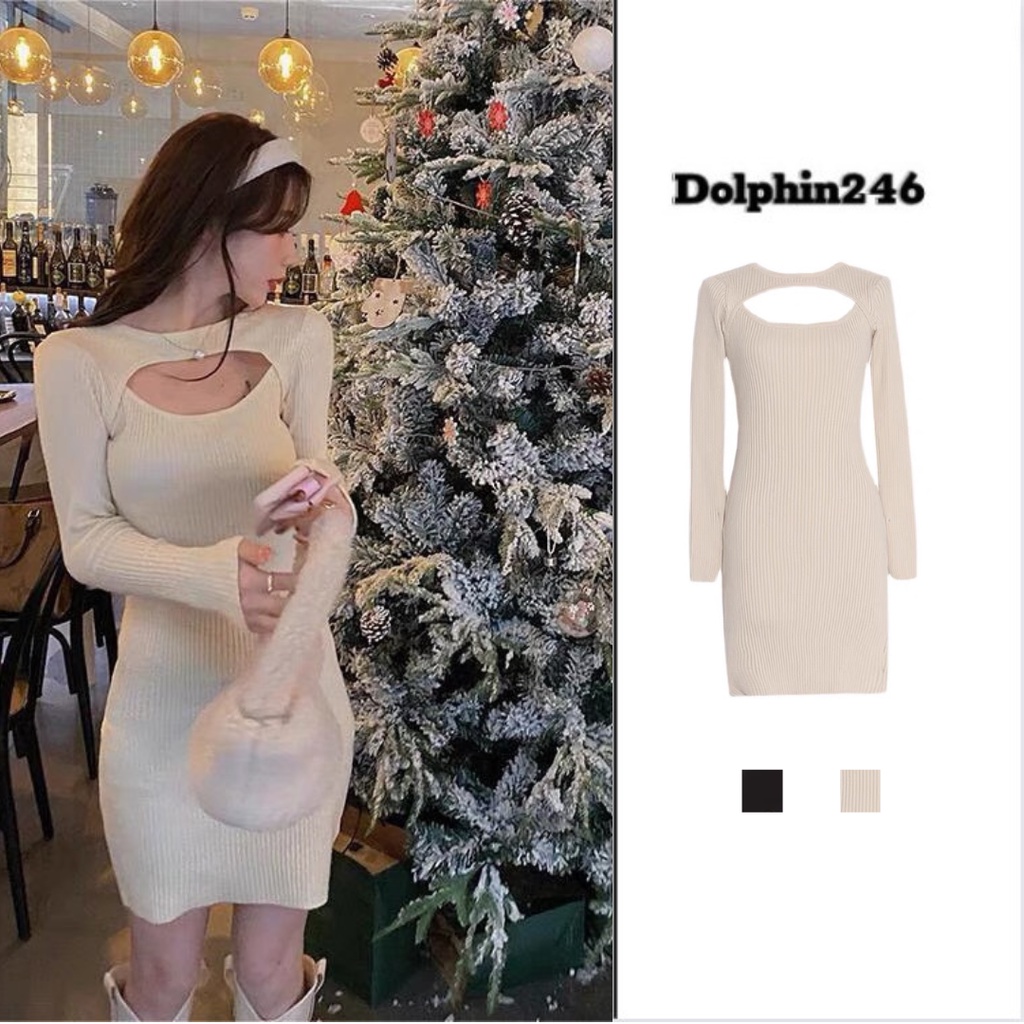 Váy len body dài tay dệt kim khoét ngực xinh xắn cho nữ kiểu Hàn Quốc sexy quyến rũ dáng ôm phong cách Hàn Quốc