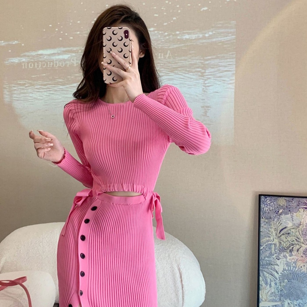 Jiashucheng Đầm Dệt Kim Tay Dài Phong Cách Mới Cao Cấp Cá Tính Cho Nữ