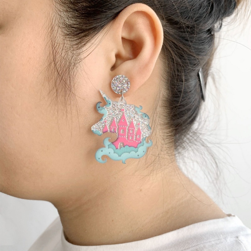 Flgo Bông Tai Acrylic Họa Tiết Kỳ Lân Hoạt Hình Nhiều Màu Sắc Lấp Lánh