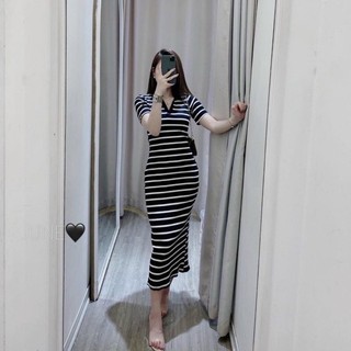 Đầm Polo nữ thun kẻ sọc cho nữ dáng suông