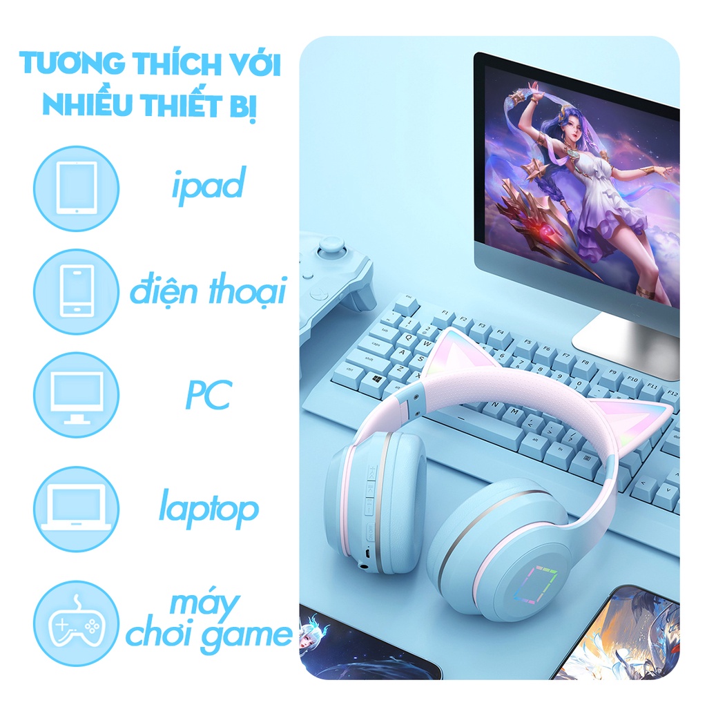 Tai Nghe Bluetooth Chụp Tai Cao Cấp - Tai Nghe Over Ear Không Dây Thiết Kế Tai Mèo Dễ Thương - Âm Bass Đỉnh Cao - Kết Nố