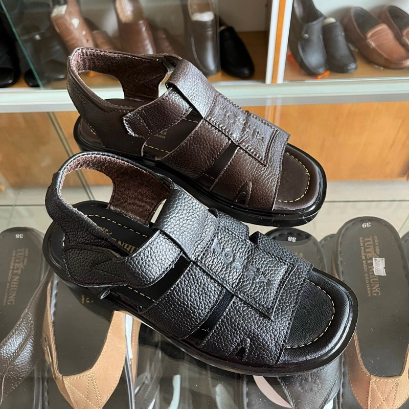 Sandal da nam trung niên đế cao 3cm màu nâu/đen form nhỏ