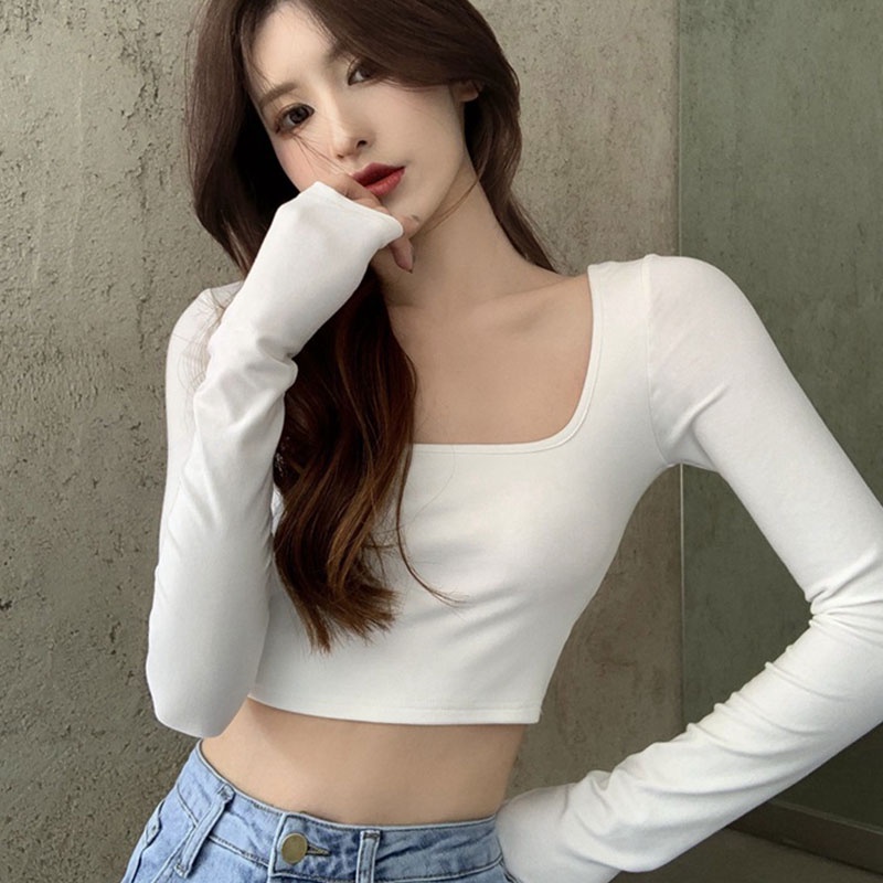 Áo XINLANYASHE tay dài cổ vuông màu trơn hở lưng thời trang xinh xắn cho nữ