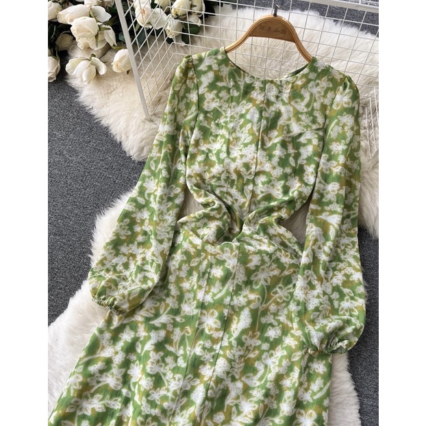 Đầm maxi hoa nhí tay phồng đi biển siêu xinh phong cách tiểu thư thời trang nữ hebe's MSP N3