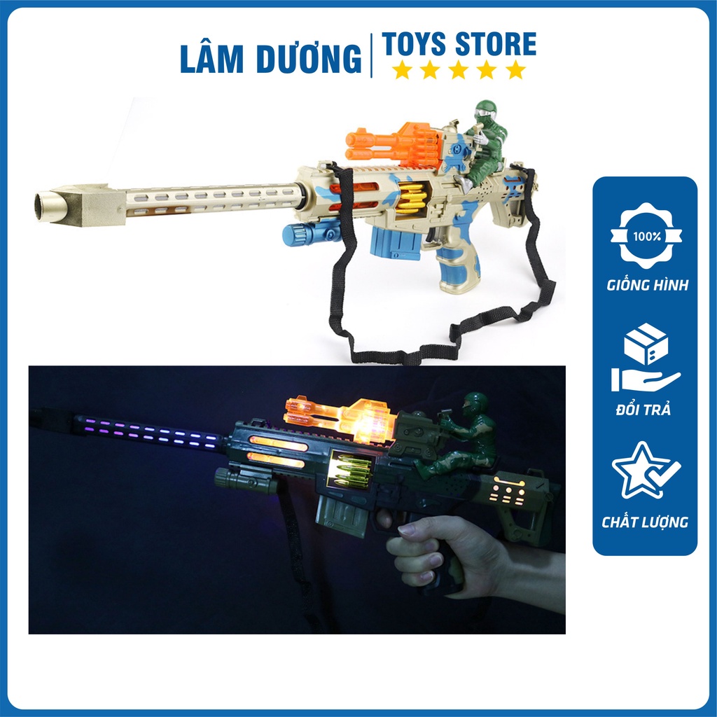 Súng nhựa đồ chơi mẫu lính xanh dùng pin có nhạc đèn rung lắc liên thanh hấp dẫn cho bé kèm dây đeo