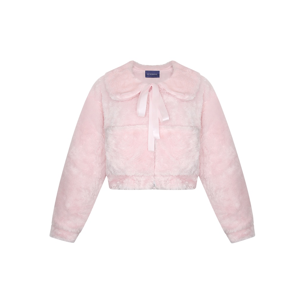 Usthebasic - Bow Tie Flared Collar Fur Cropped Jacket