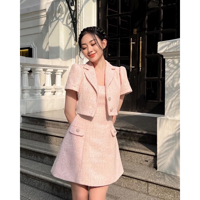 Sét dạ tweed kim tuyến cổ vest thiết kế