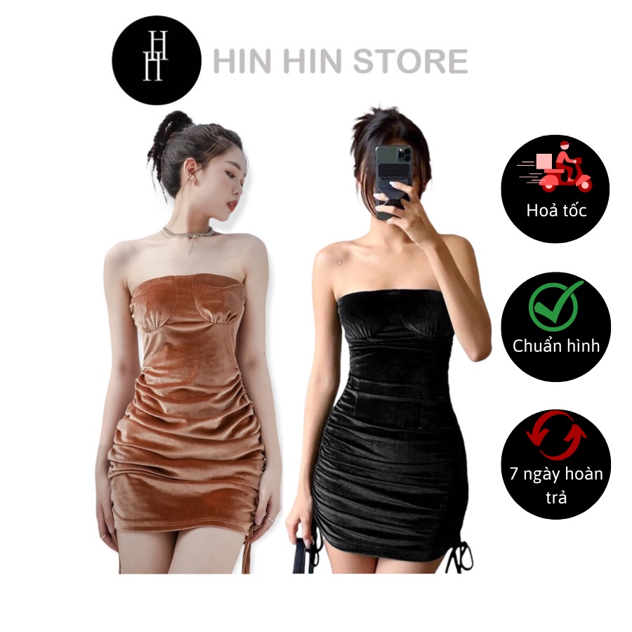 Đầm ôm body nhún thun màu đen &amp; nâu HDT244 Hỉn Hỉn Store