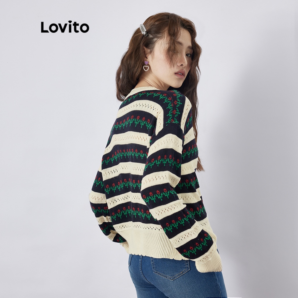 Lovito Sọc dễ thương Hoa phong cách Hàn Quốc Cổ chữ V Nữ Cardigans L37AD023 (Đen)