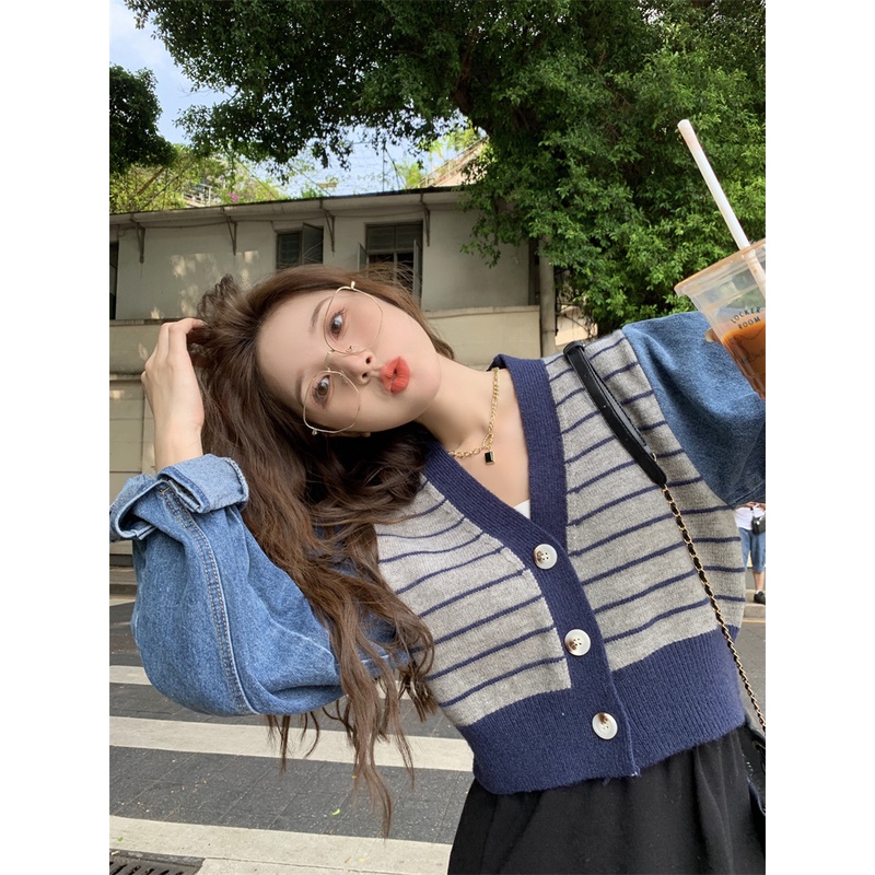 ZHELIHANGFEI Áo Khoác Len Cardigan Giả Hai Mảnh Tay Phồng Họa Tiết Kẻ Sọc Thời Trang