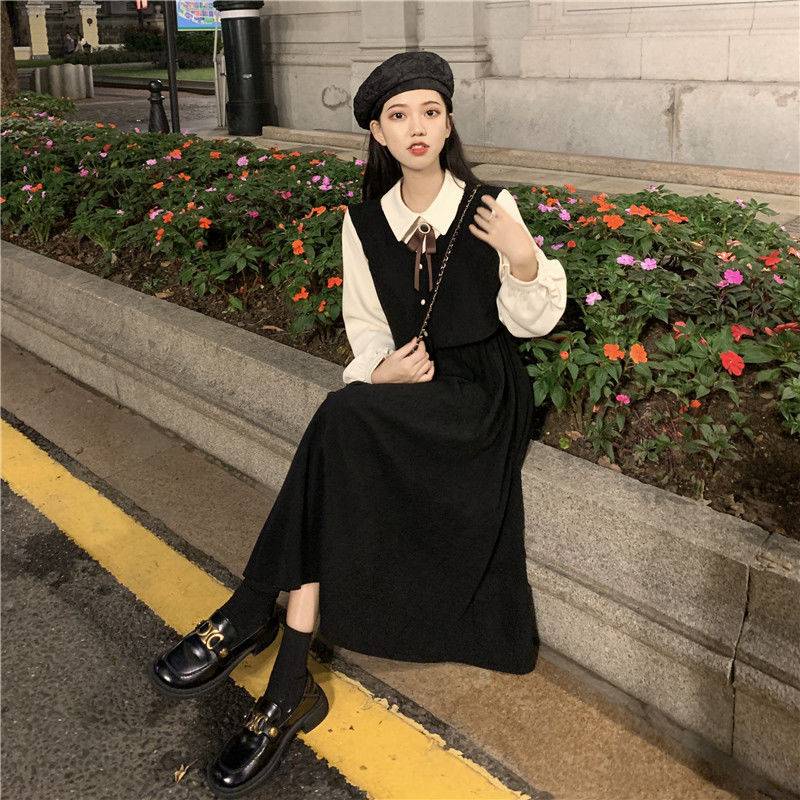 🎀váy babydoll dáng dài váy mùa đông cho nữ váy dài Đầm Giả Hai Mảnh Dáng Dài Phối Nơ Phong Cách Pháp Cổ Điển Mẫu Mới 2022