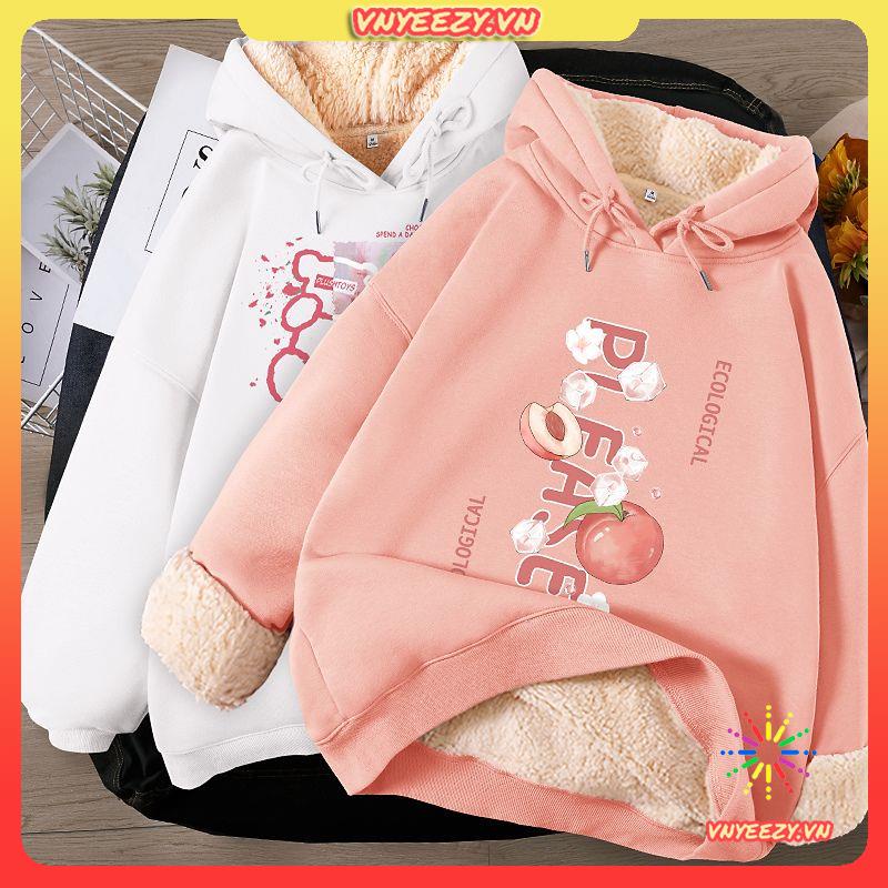 Áo hoodie liền mũ màu hồng lót nhung dày dặn cộng với áo khoác cỡ lớn