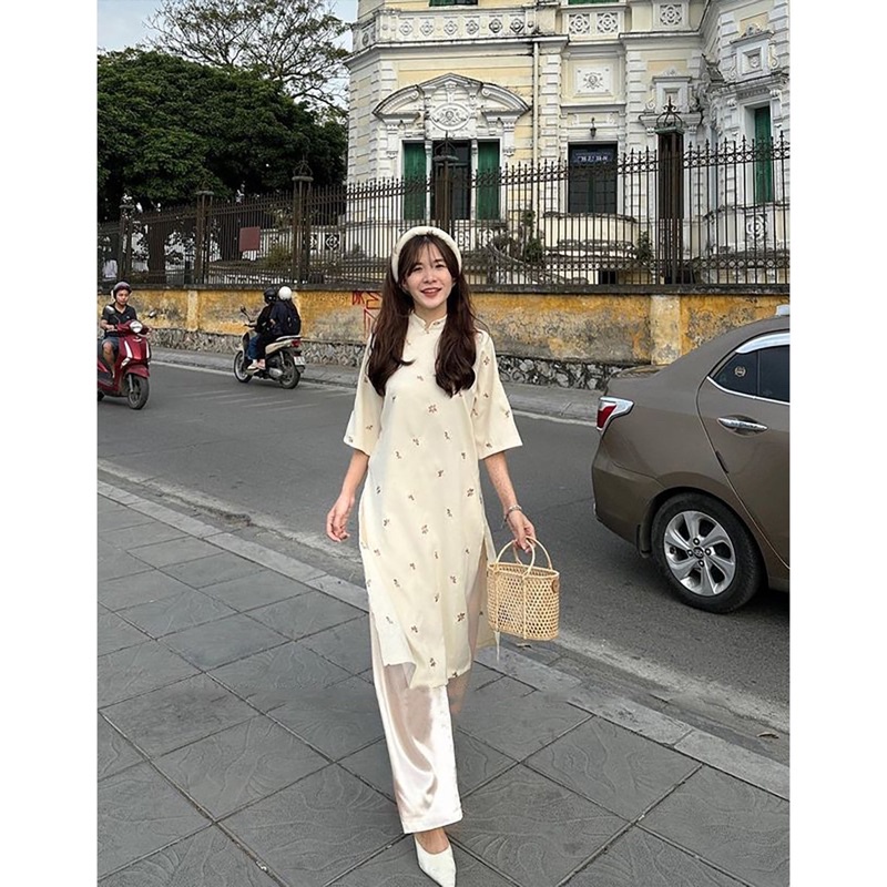 Áo dài “TRÚC ANH”  - Áo dài nhung lì thêu hoa vintage kèm mấn