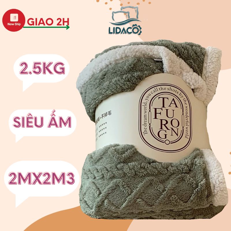 Chăn lông cừu len LIDACO siêu ấm cỡ lớn 2mx2m3 mặt trên len thêu mặt dưới lông cừu kèm túi đựng