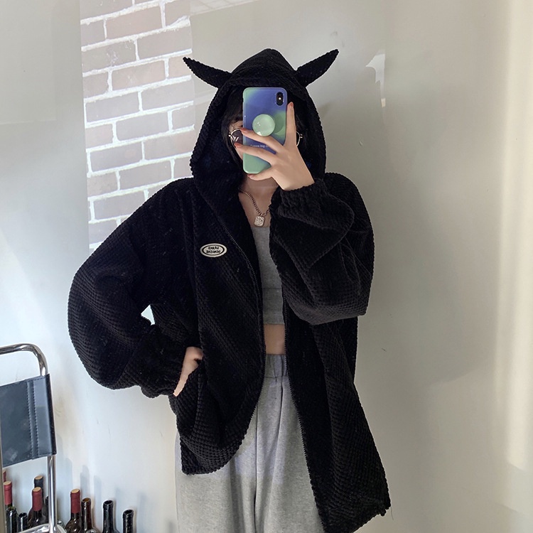 IELGY IELGY Áo Hoodie Dáng Rộng Có Khóa Kéo Hình Bánh waffle Cho Nữ