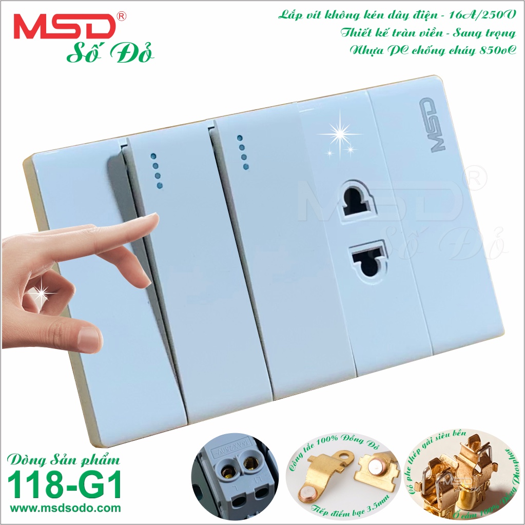 BỘ SẢN PHẨM: 2 CÔNG TẮC  + 1 Ổ CẮM 2 CHẤU - 15A250V  - DÒNG 118G1