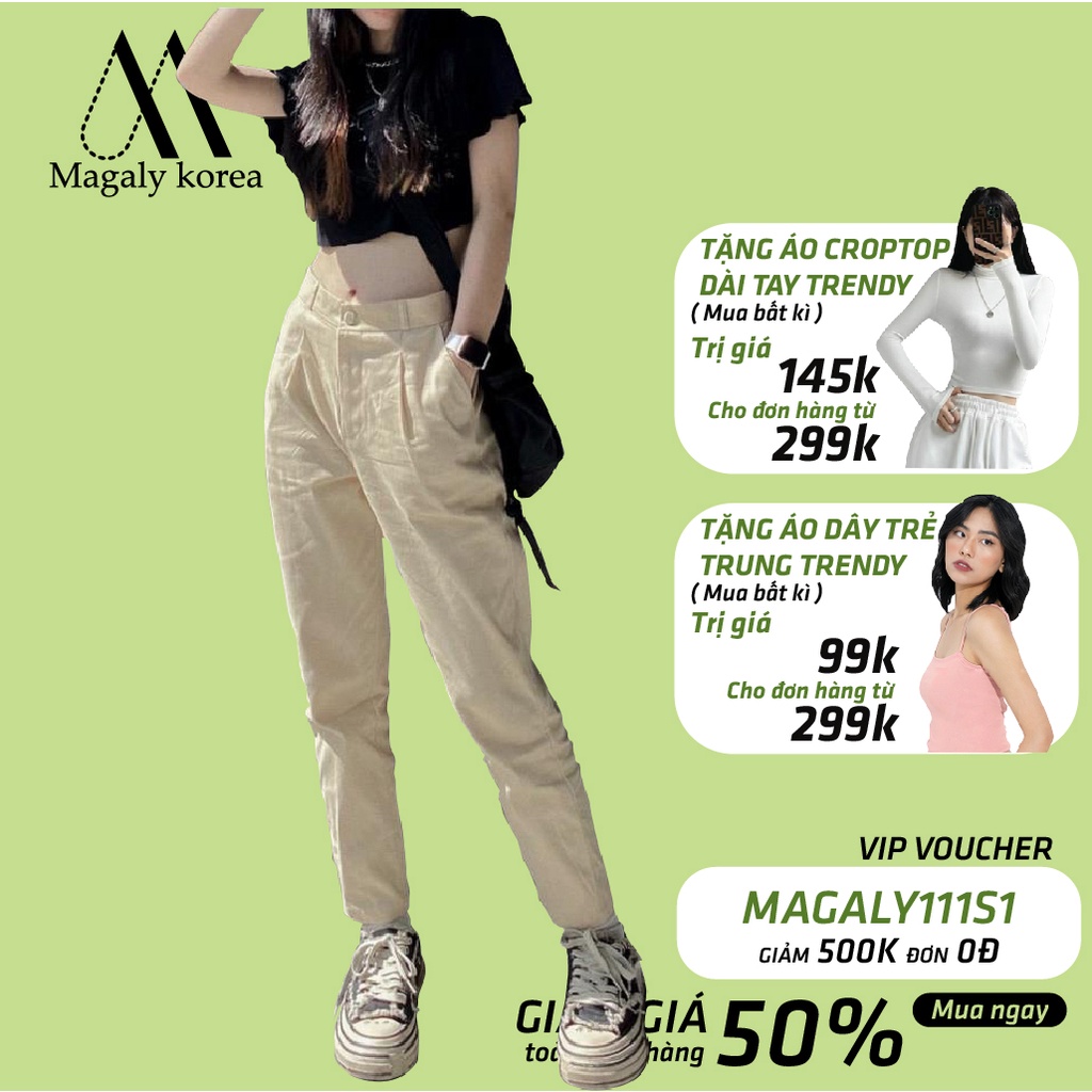 Quần Baggy Nữ Kaki Lưng Thun Ống Suông Cạp Cao Ulzzang - Kiểu quần kaki nữ lưng cao baggy màu trắng đen be Magaly Korea