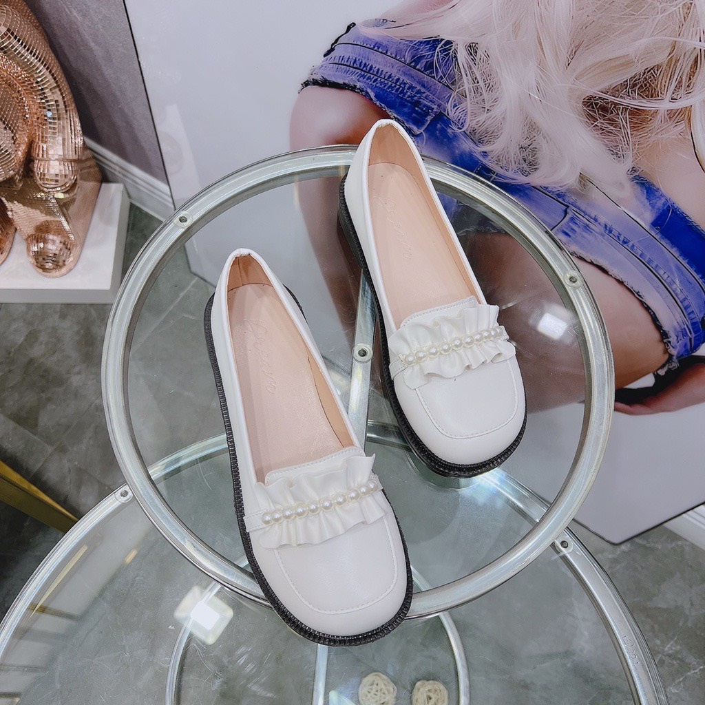 Giày nữ, giày lười bèo nhún ngọc siêu xinh 2 màu đen, kem