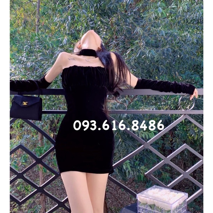Váy nhung cổ yếm kèm găng tay, váy nhung tết noel D112