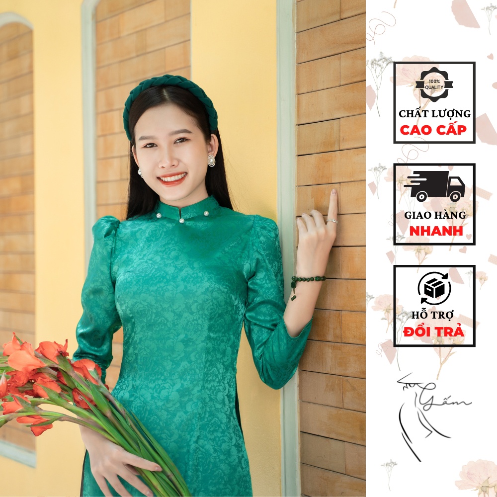 Áo dài tết màu xanh ngọc chất liệu gấm cao cấp, co dãn kèm quần may sẵn mặc dự tiệc lễ tết đẹp sang trọng