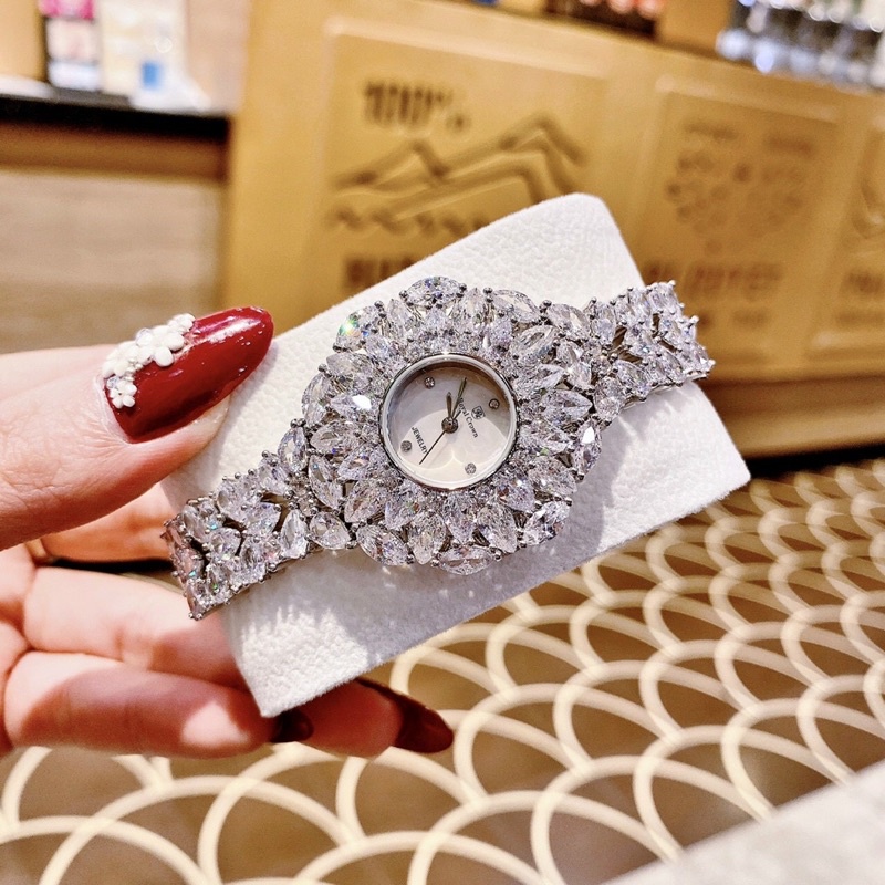 Đồng hồ Royal Crown 2035 mặt tròn hoa tuyết đính đá màu dây kim loại chính hãng