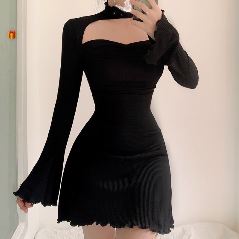 Đầm gân tay dài loe cuốn viền dáng xòe hở trước ngực cực hot , chất thun gân dày dặn