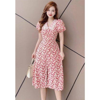 (Miễn Phí Ship) Đầm hoa nhí dáng xòe xẻ tà trước,đầm nữ tay phồng cổ phối lưới xinh xĩu,chất lụa mềm mát