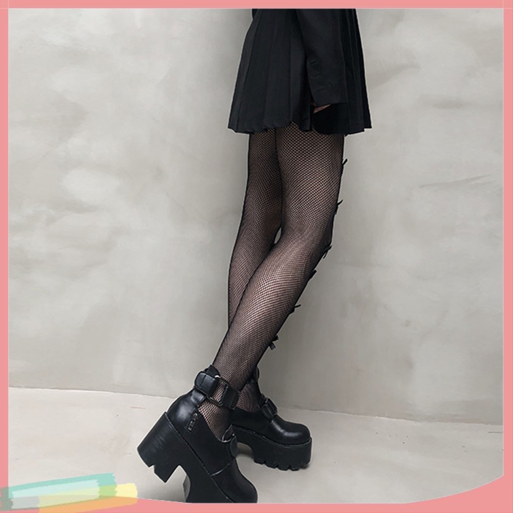 Quần Tất Lưới Màu Đen Đính Nơ Phong Cách Nhật Bản Cho Nữ