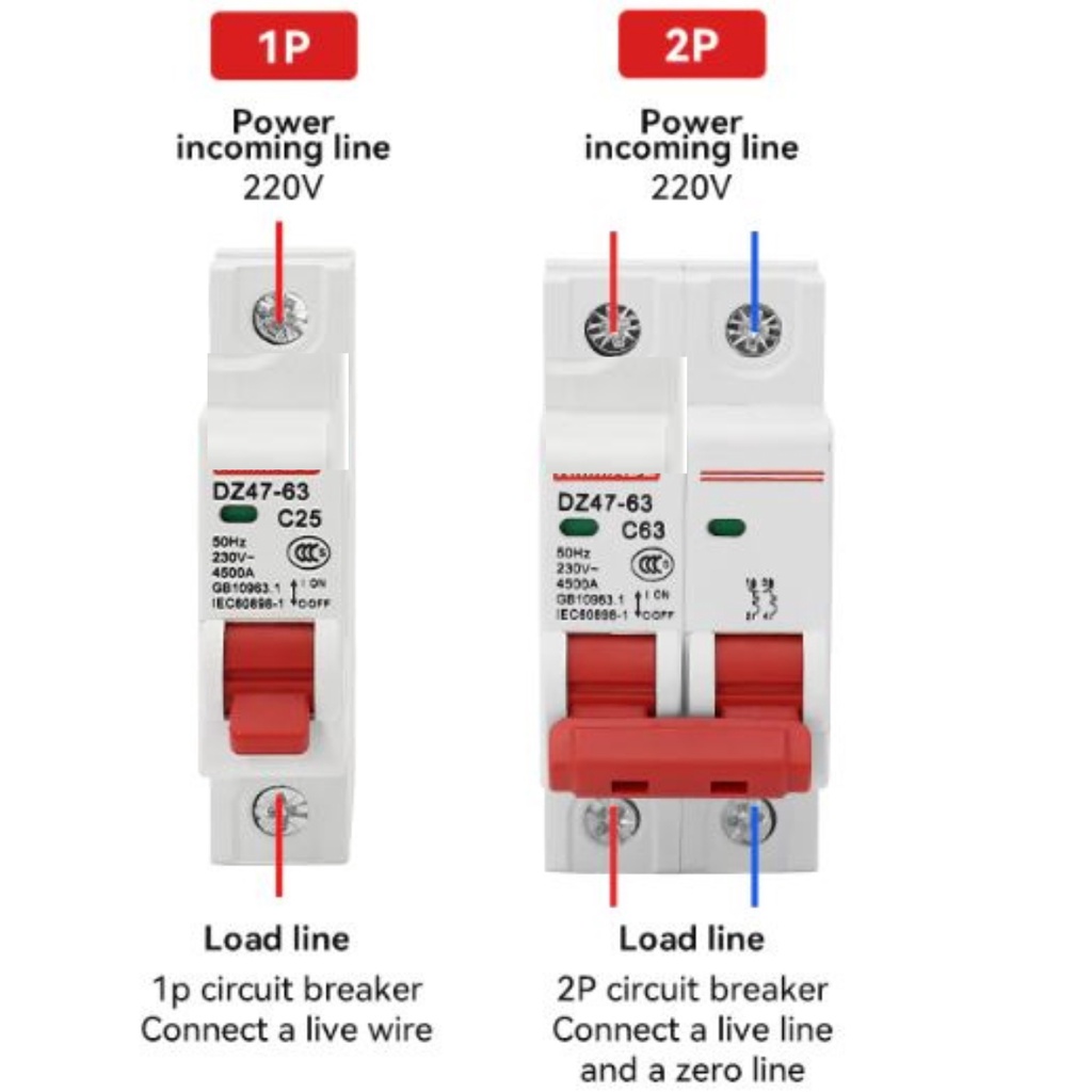 Át aptomat DZ47-63 cầu dao tự động 1 pha, 2 pha, 3 pha dùng trong điện dân dụng và điện công nghiệp