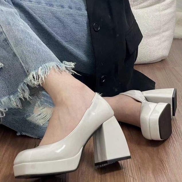 Giày nữ giày cao gót giày mary jane giày lolita cao gót nữ Giày Cao Gót Da Mũi Vuông Đế Dày Thời Trang Cho Nữ