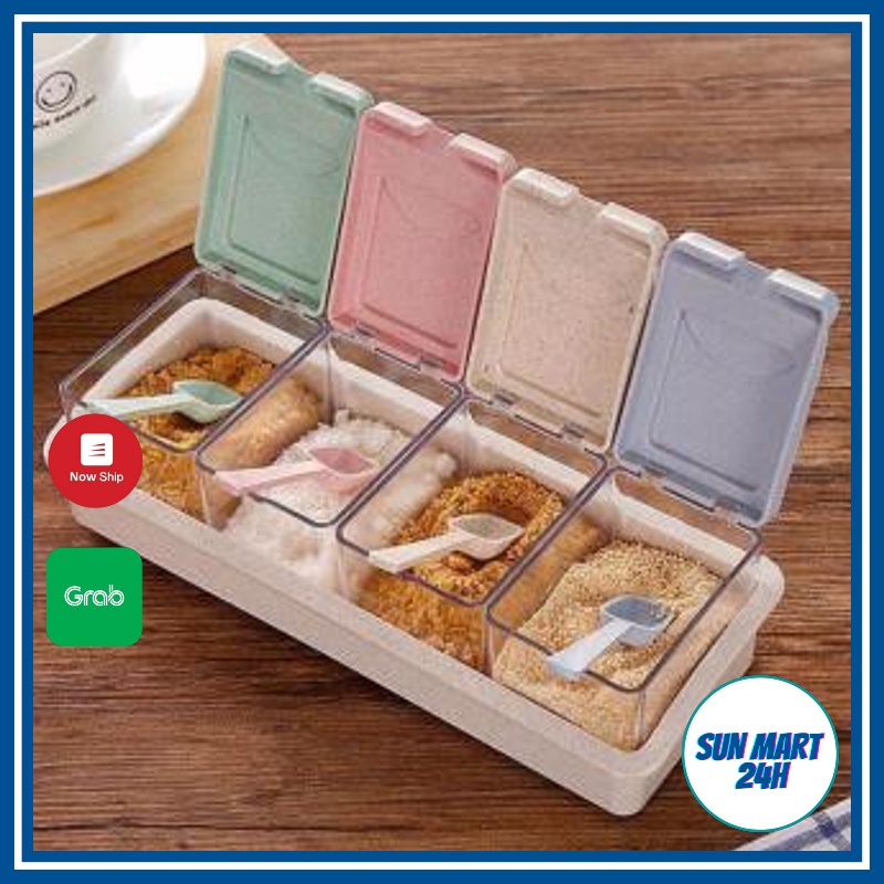 Bộ 4 Hũ Đựng Gia Vị Nhựa Cao Cấp Kèm Thìa Có NắpThiết Kế Hình Vuông Tiện Lợi SUNMART24H K231