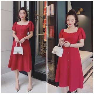 Đầm đỏ cổ vuông basic (kèm hình thật)