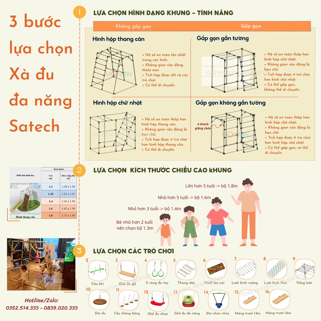 Xà đu đa năng Satech, khung vận động cho bé, hình hộp thang cân, bộ cao 1.35m: Trò chơi 1 3 4 5 6 7