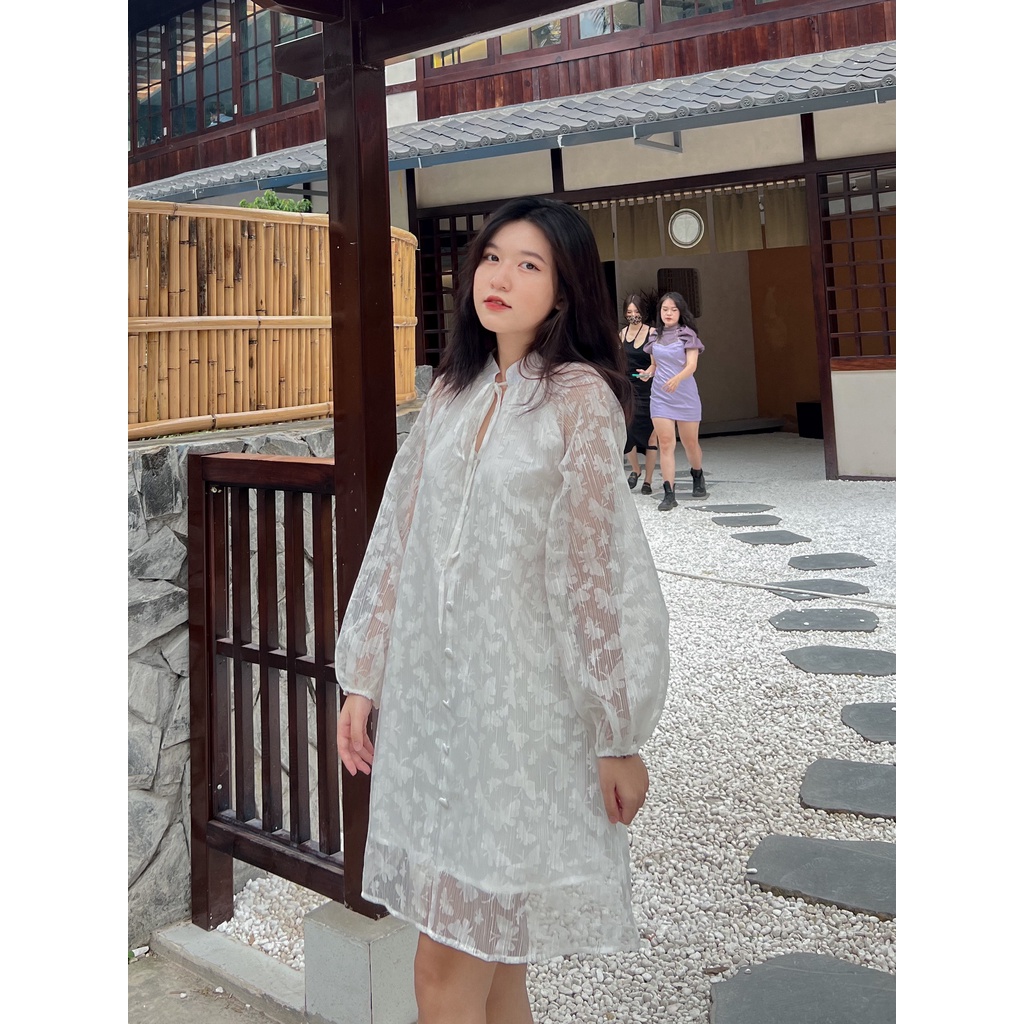 Váy đầm Babydoll trắng cổ tàu tiểu thư dài tay phù hợp đi chơi nhẹ nhàng