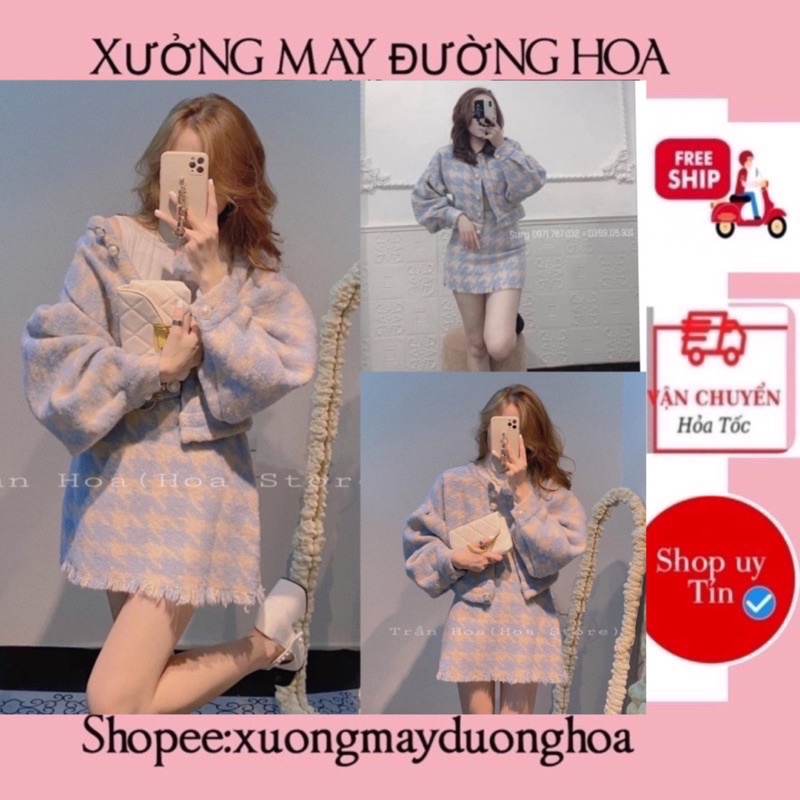 Sét áo dạ kẻ xanh tay bồng mix chân váy dạ kèm ảnh thật