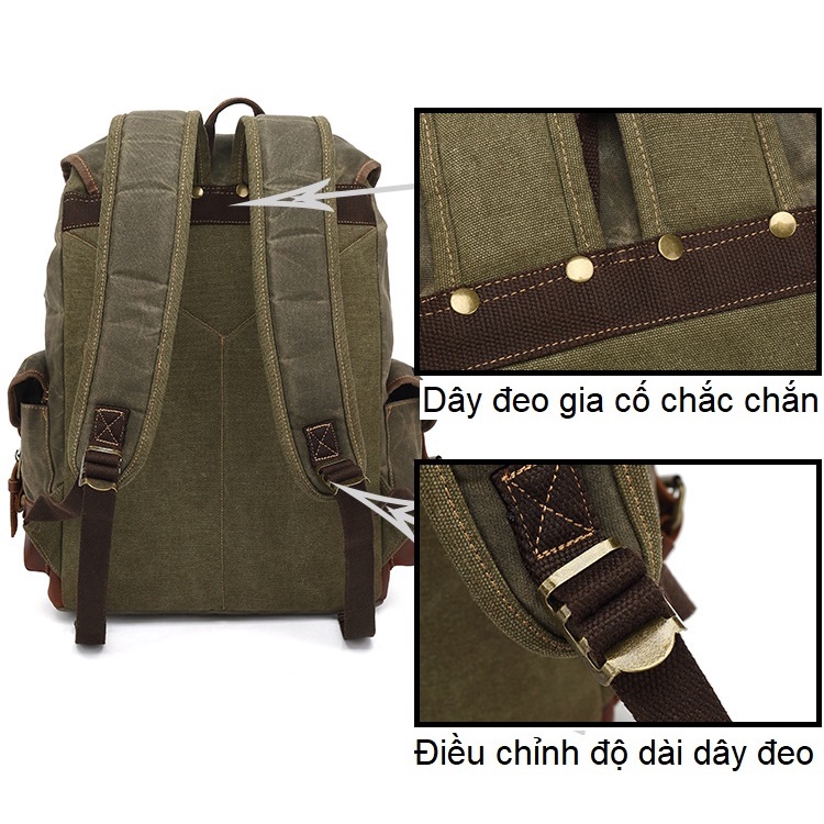 Balo 2 canvas sáp, da thật, khoá đồng cao cấp