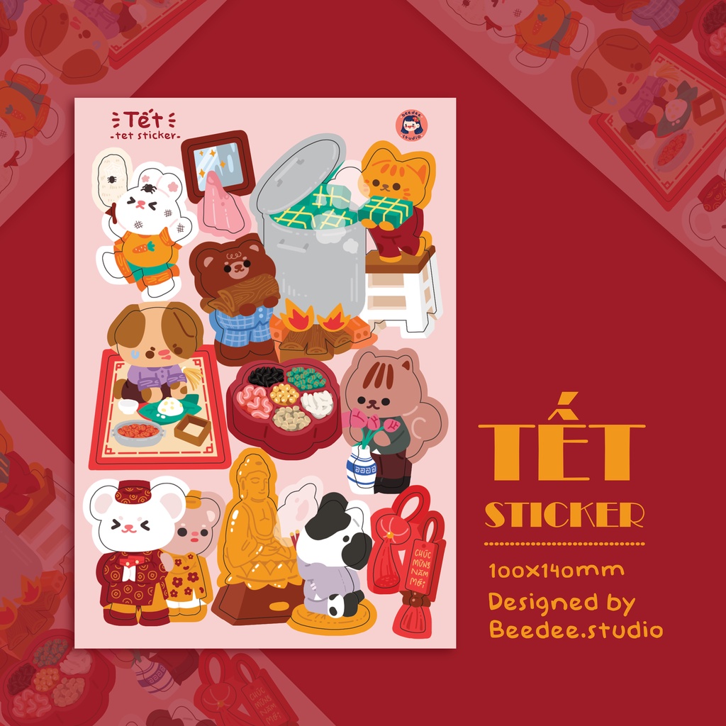Tấm sticker TẾT KÈM POSRCARD decal dễ thương | hàng độc quyền Beedee.studio |