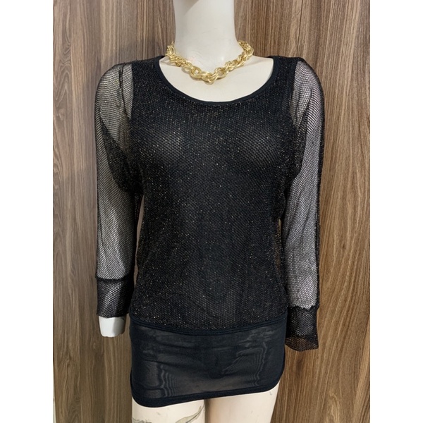 Áo đen tay dài vải lưới kim tuyến bụi bụi size M,áo thanh lý