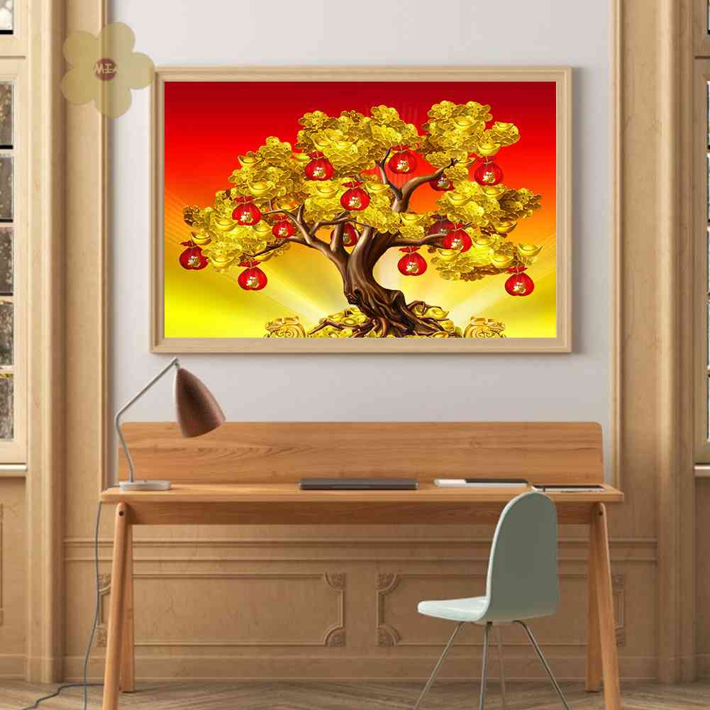 Tranh Đính Đá Kim Cương Toàn Bộ 5D DIY Hình Vẽ Cây Tiền