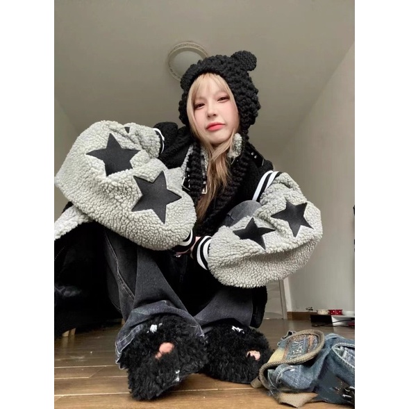 TKLIHN Áo khoác Lông Cừu ulzzang hình NGÔI SAO phong cách Y2K HOT TREND 2023