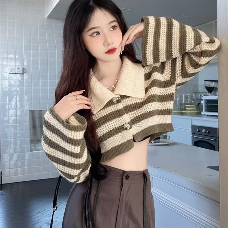 IELGY   Áo cardigan Dệt Kim Tay Phồng Họa Tiết Kẻ Sọc Thời Trang Pháp Cho Nữ