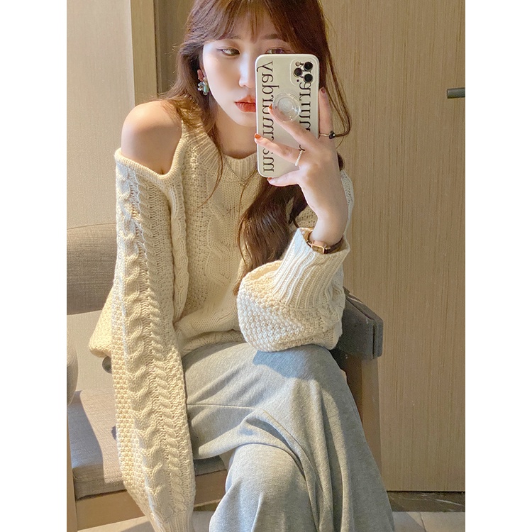 ZHELIHANGFEI Áo Sweater Dài Tay Trễ Vai Xinh Xắn Theo Phong Cách Pháp