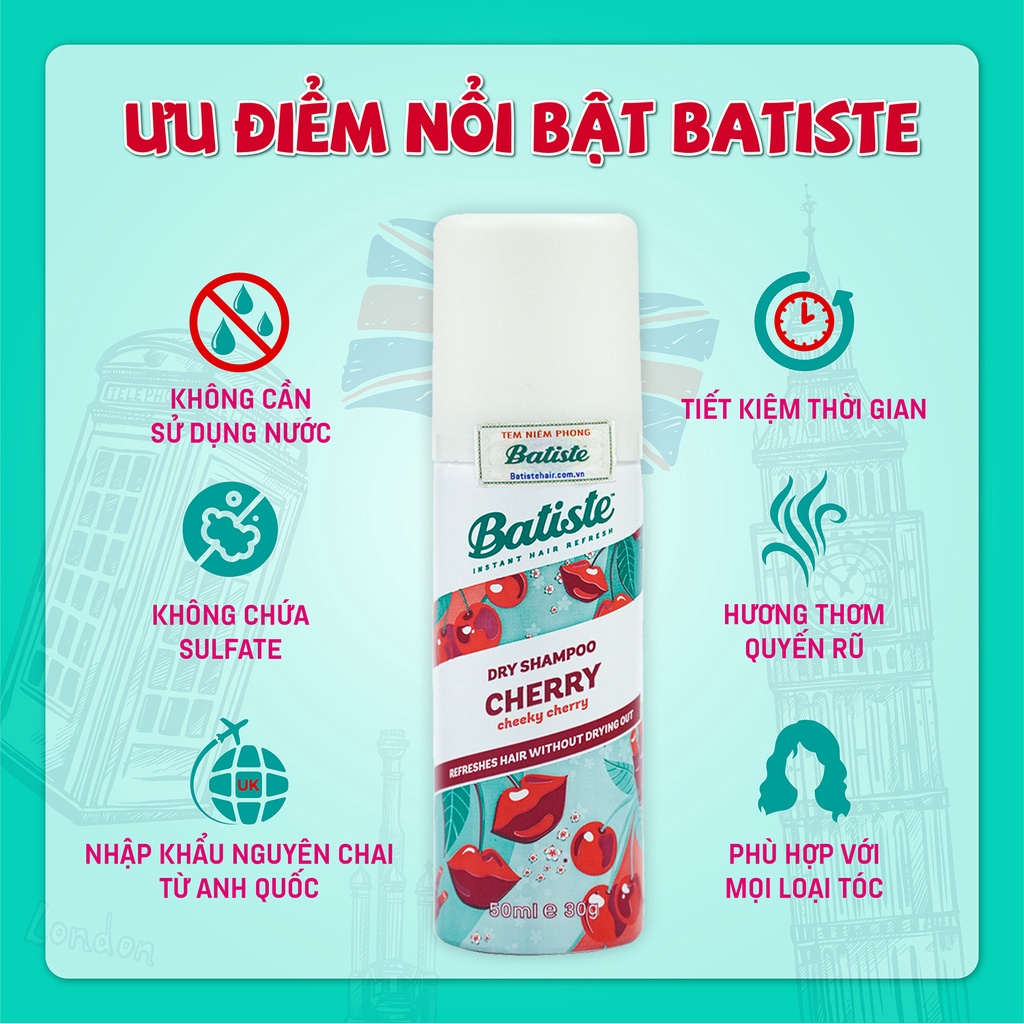 Dầu Gội Khô Batiste Dry Shampoo 50ml Hết Ngứa, Hết Bết Dính Tóc Bồng Bềnh Bóng Mượt Tức Khắc