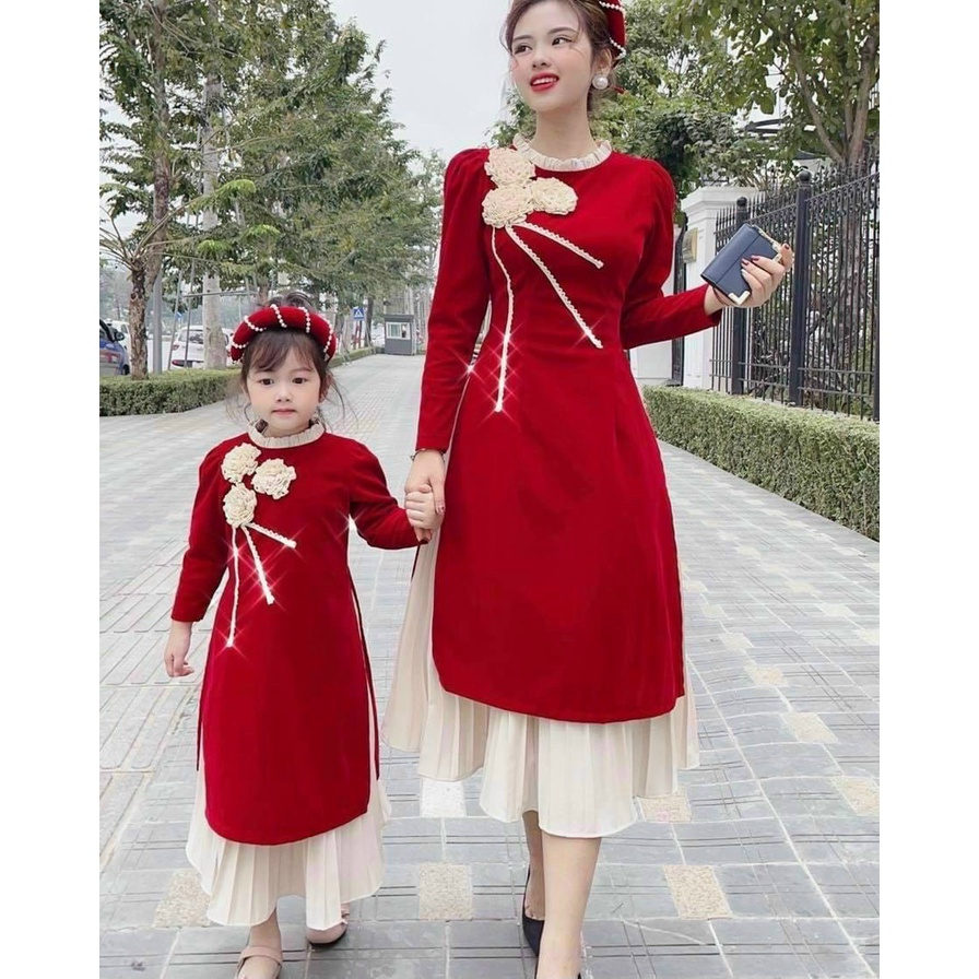 Áo dài cách tân vải umi mix chân váy dập ly mẹ và bé siêu cưng