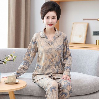 Bộ đồ ngủ cotton xuân thu cho bà mẹ trung niên, bộ đồ mặc nhà cotton dài tay trung niên