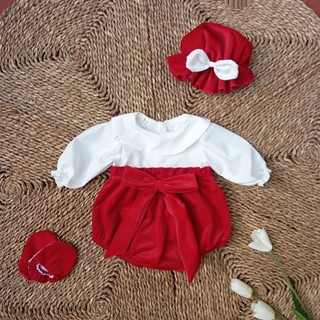 Set body đỏ bé gái kèm phụ kiện mũ và giày