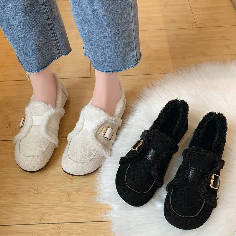 Giày đậu đạp một chân giày lông mẫu mới thu đông nữ giày bông tuyết đế bằng dễ phối ấm mặc ngoài chống trượt siêu mềm