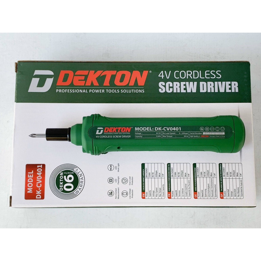 Máy cặn vít pin Dekton DK-CV0401- Chức năng Dò điện âm tường - Đèn pin chiếu sáng - tặng kèm 35 đầu 