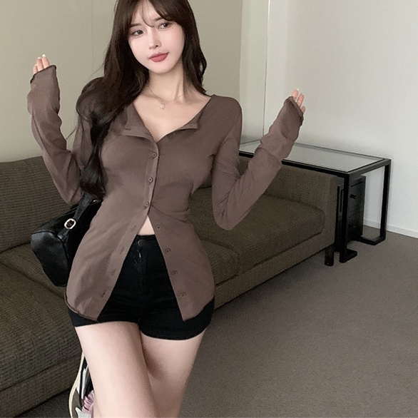 Áo Thun Tay Dài Cổ Chữ V Dáng Ôm Phong Cách Vintage Dành Cho Nữ