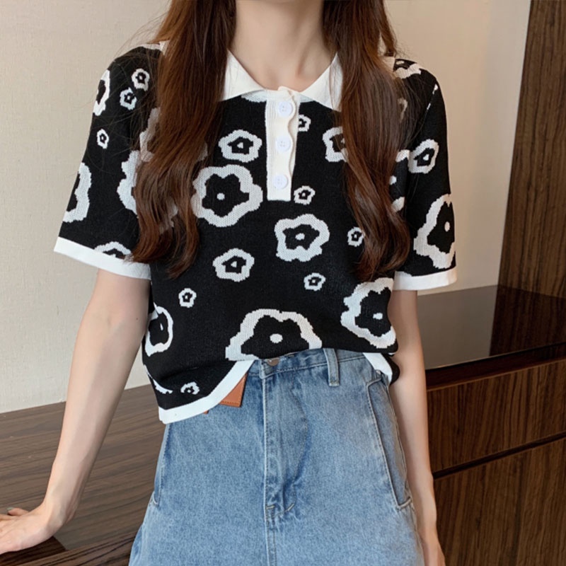 Áo Thun POLO Dệt Kim Tay Ngắn Dáng Ôm In Họa Tiết Xinh Xắn Thời Trang Hàn Quốc Cho Nữ